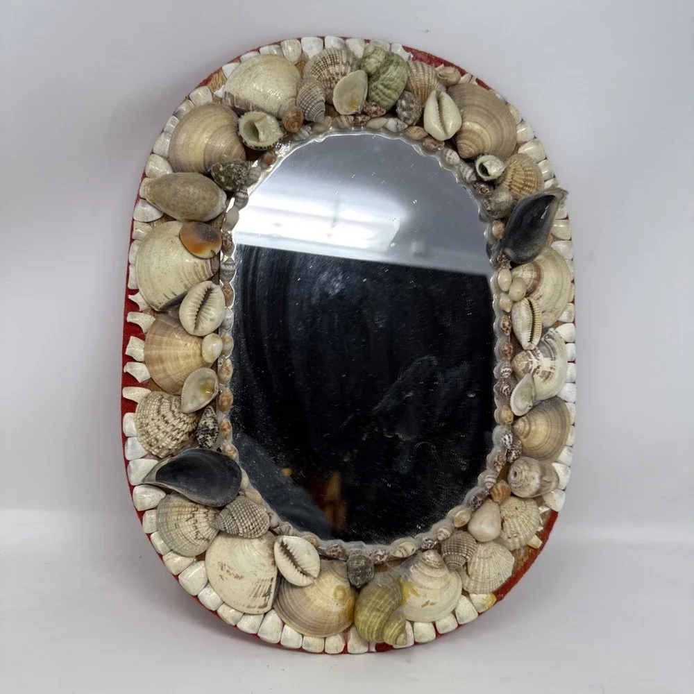 Vintage Oval Seashell Frame Wall Mirror 11.5X8.75 In Beach Damage Areas